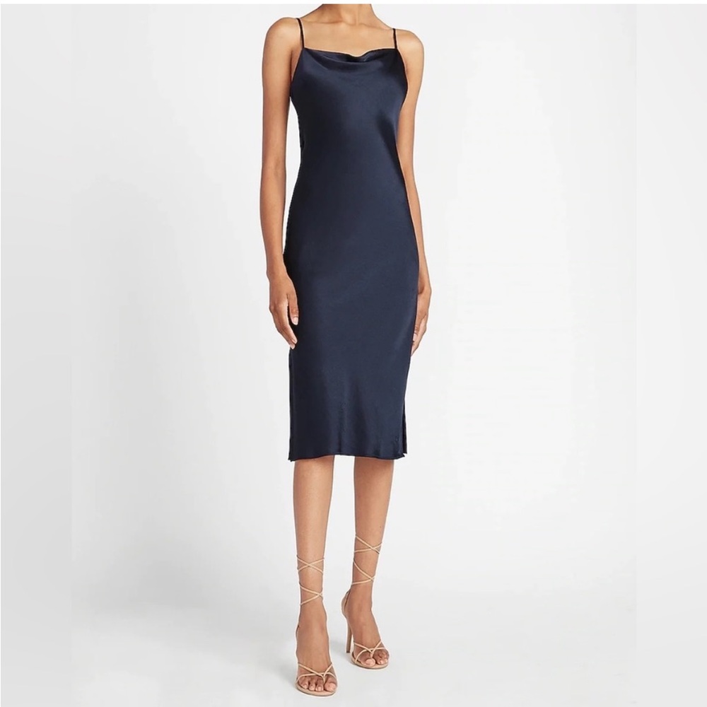 Express Navy Cowl Neck Spagetti Strap Side Slit Satin Midi Dress Size Medium - Picture 1 of 8